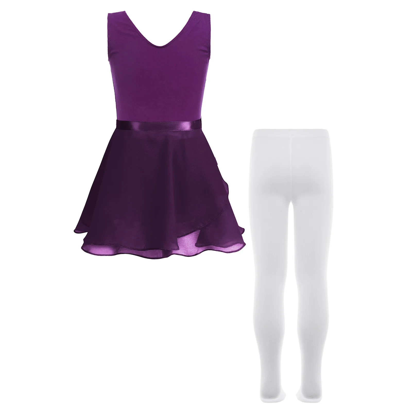 Ragazza per bambini Ginnastica Balletto Jersey Abito Figura Pattinaggio su ghiaccio Body senza maniche increspato + Gonna in chiffon con cravatta + Collant Dancewear