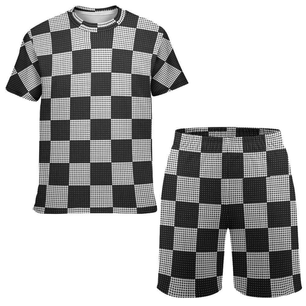 Men\'s Fashionable Black And White Checkerboard T-shirt Shorts Suit, Summer Casual Breathable Round Neck Polyester Oversized Suit