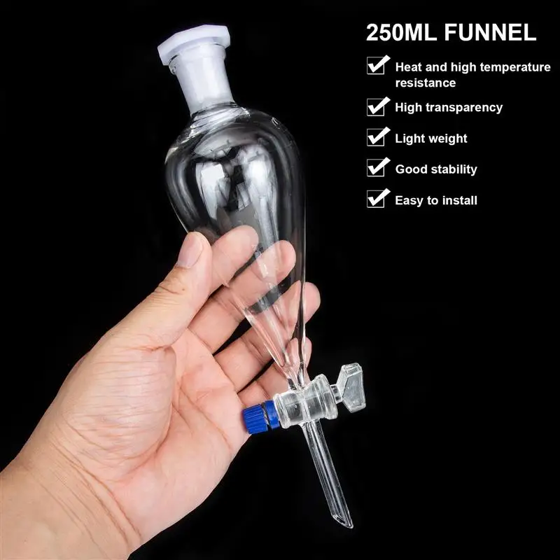 Bracket Flask With Joints And PTFE Plug: 250ml Graduated Glass Separatory Funnel Heavy Wall Conical Separatory Funnel Laboratory