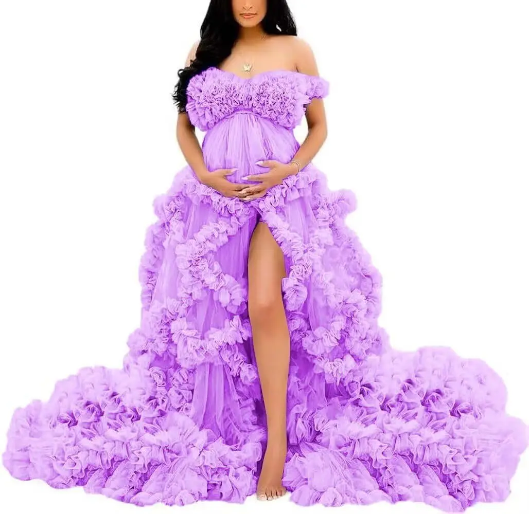 Fotoshoot & babyshower tule zwangerschapsjurk - off-shoulder, puffy ruches, elegante lange jurk voor zwangerschap