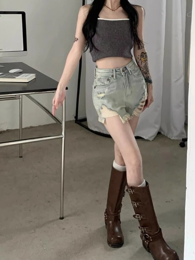 

Шорты из денима Y2K с высокой талией и эффектом потертости, летние свободные шорты А-силуэта для женщин, модные свободные шорты-хотпэнты