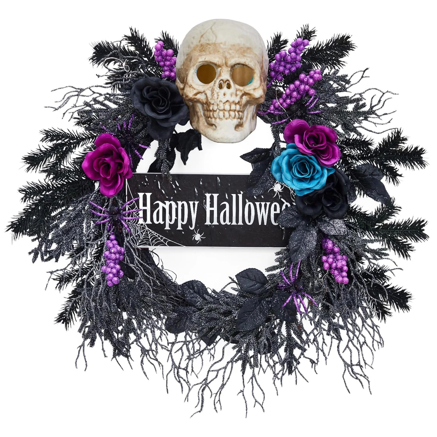 22'' Halloween Wreath Halloween Skull Wreath with Lights,Spooky Halloween Wreaths,Indoor/Covered Outdoor Halloween Props Decorat