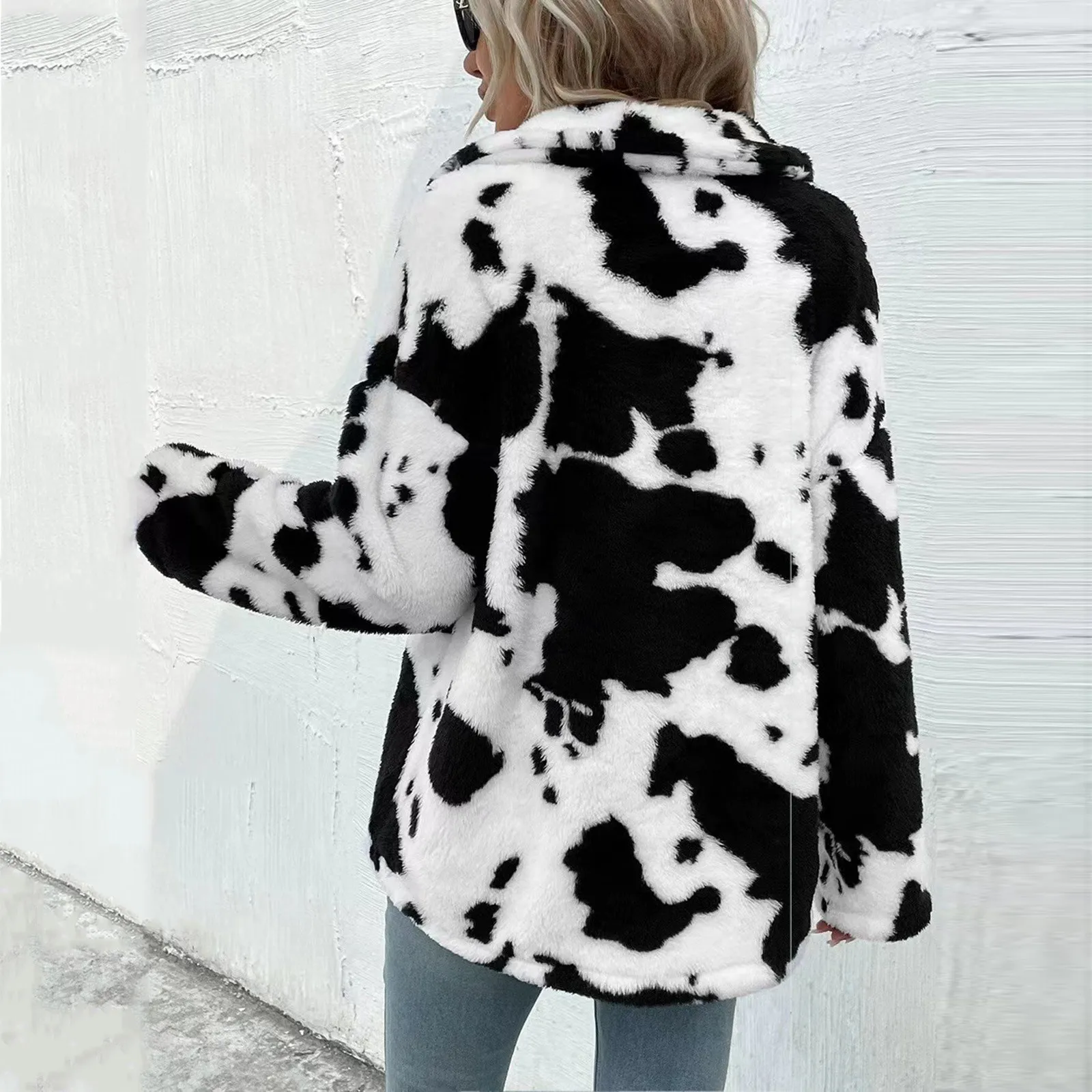 Women Cow Print Plush Coats Autumn Winter Warm Fluffy Jackets Pocket Button Loose Outwear Coats Chaqueta Mujer