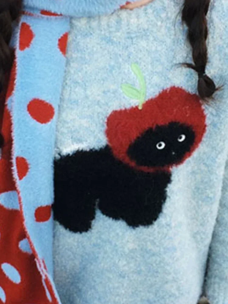 

Vintage Preppy Kawaii Cartoon Jacquard Sweaters Sweet Harajuku Loose Grunge Jumpers Y2k Aesthetic Women Blue Knitted Pullovers