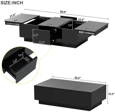 Extendable Coffee Table with Hidden Storage & 2 Drawers, High-Gloss Cocktail Center Table w/ Sliding Top for Living Room, Black