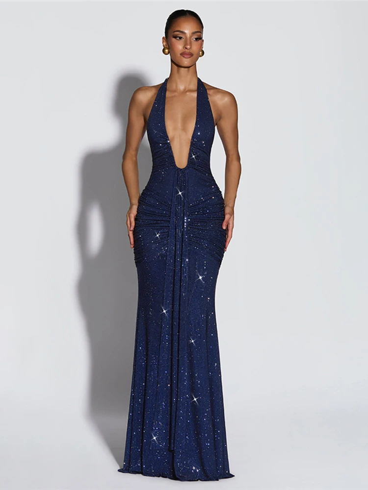Kliou sexy vestido brilhante mulher bandagem halter baixo pescoço sem mangas sem costas fita decoração meia-noite festa de formatura longo bodycon