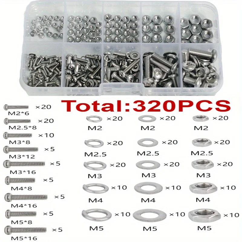Zeskantmoeren en boutenset - 320 stuks/120 stuks, duurzame M2 - M5 metrische maat, universele hardwarekit voor doe-het-zelf projecten en reparaties