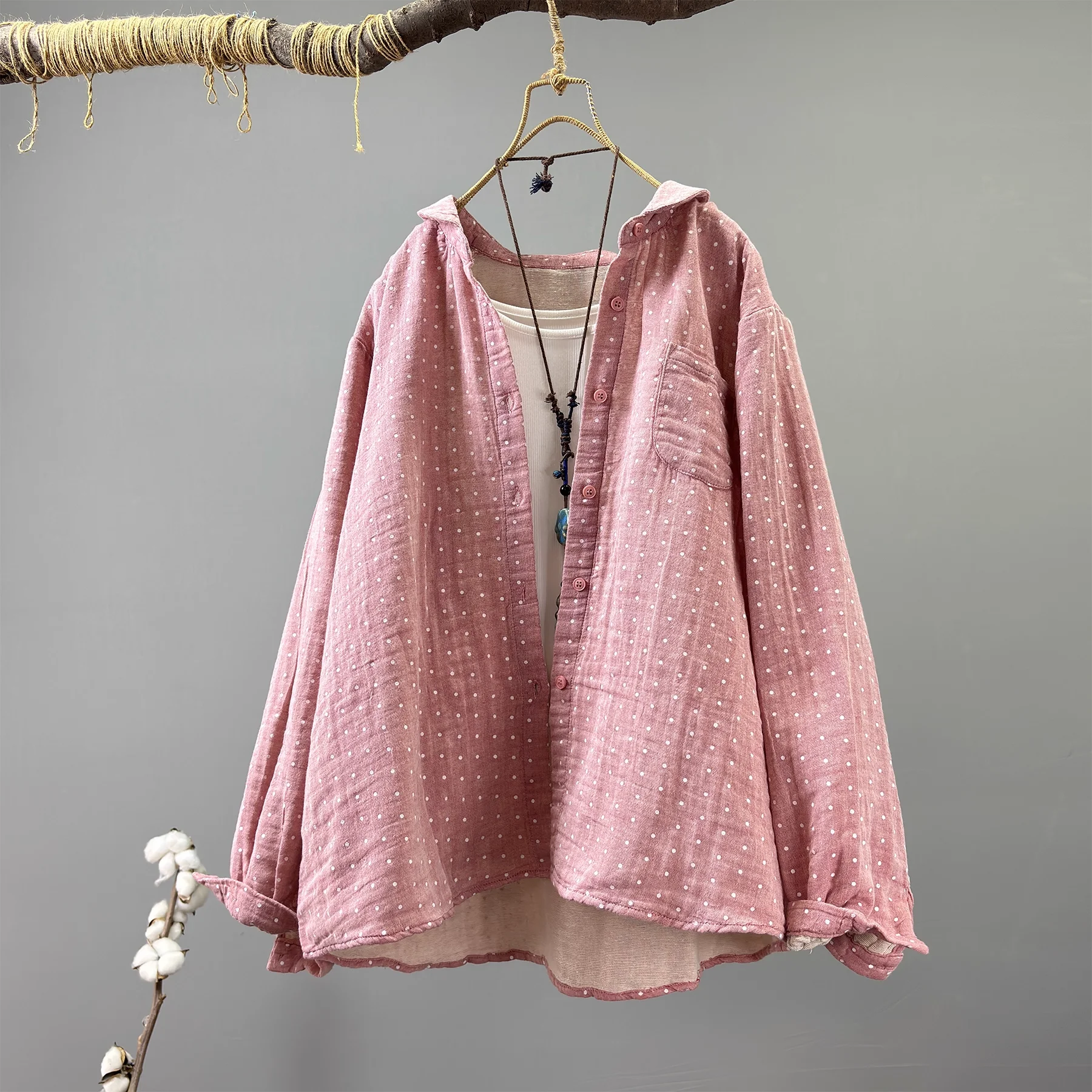 Busto 118cm plus size camisas de bolinhas para mulheres outono 100% fio de algodão macio blusas de manga longa quente único breasted outwear