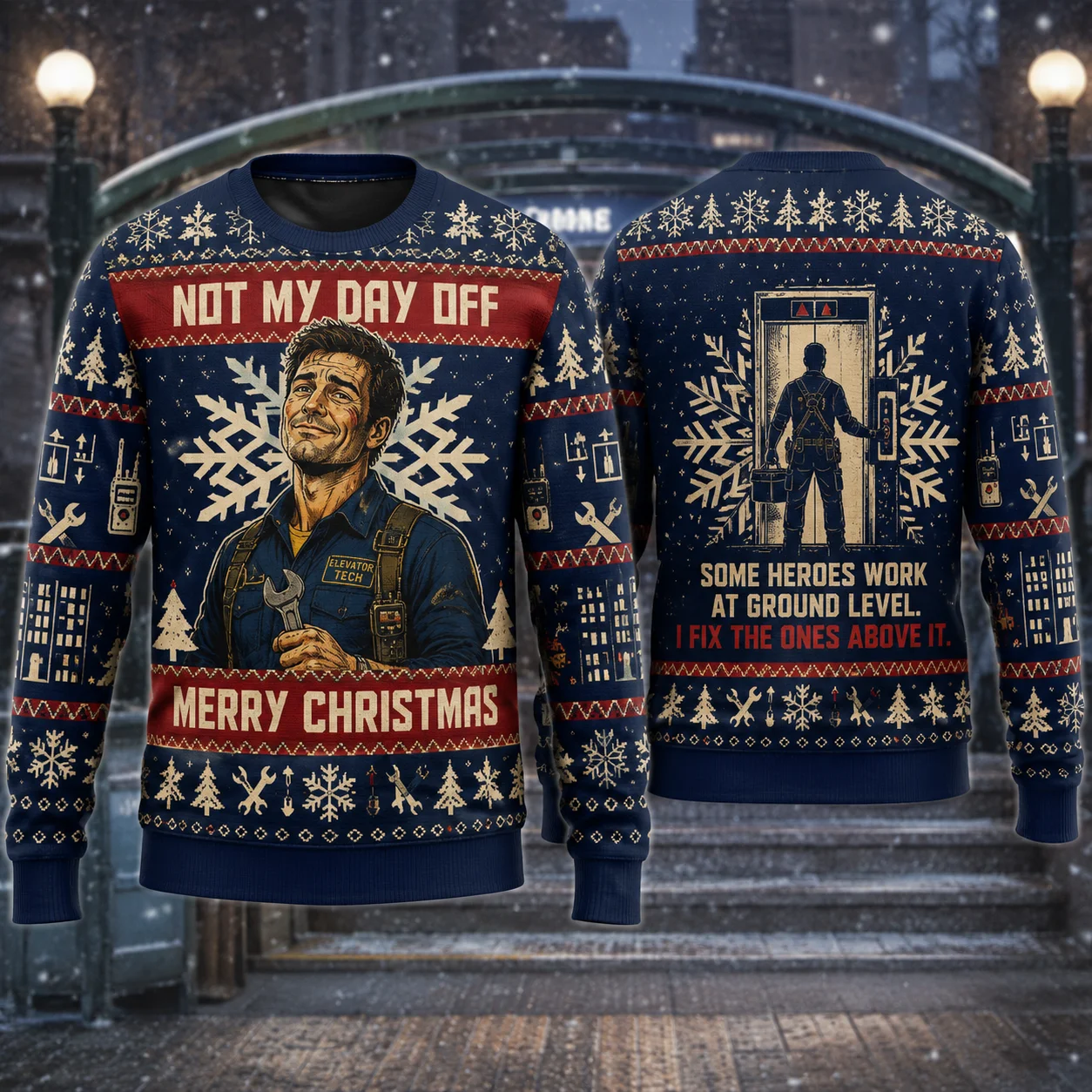Ugly Christmas Sweater Building Maintenance Hero Crewneck Sweatshirt Polyester 3D Print Night Shift Holiday Pullover Gift