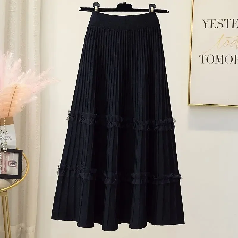 Pleated Skirt Women's Autumn Winter High Waist Mid-length Knitted Mesh Long Skirts Korean Dongdaemun Quality Clothing Traf 2024