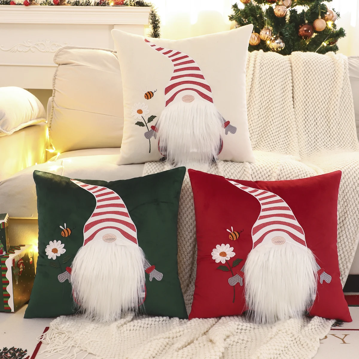 1 PC Christmas Gnome Throw Pillow Cover Winter Plush Embroidery Christmas Decoration Living Room