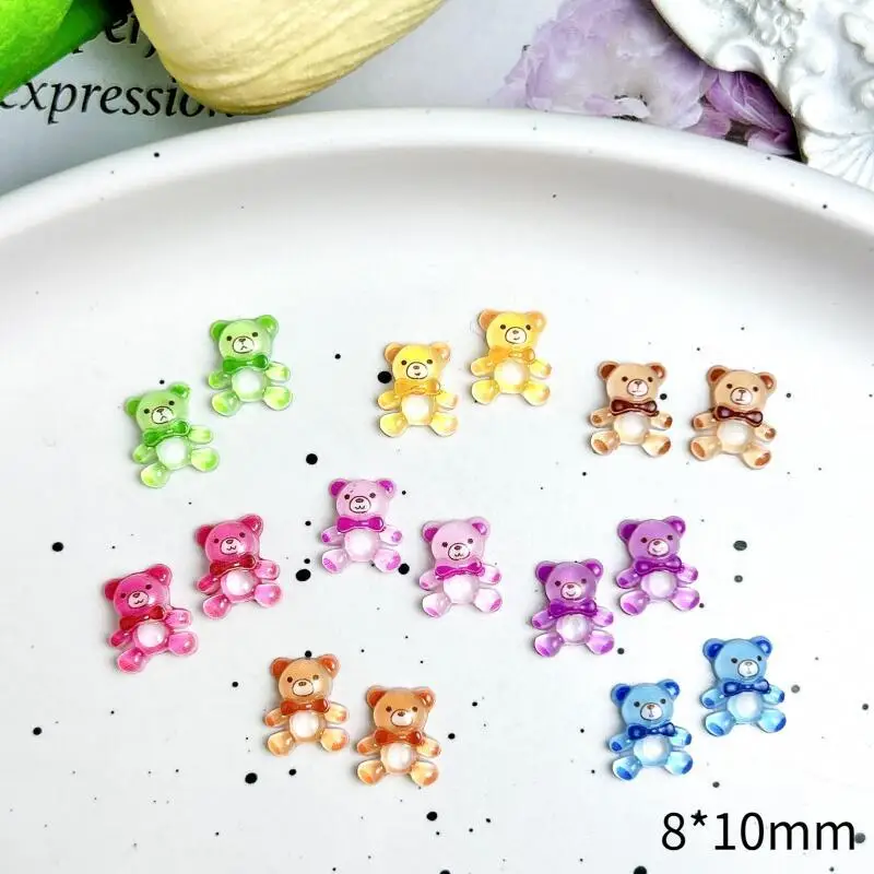 20PCS Translucent Colored Bears Nail Art Charms Cartoon Cute Bow Bears Resin Nail Decorations for Manicure DIY Crafts Supplies
