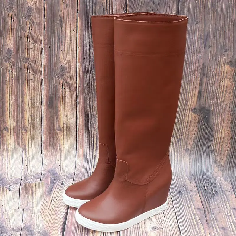 

Brown Fold-over Cow Leather Suede Inner Wedge Knee High Boots Women Increased Autumn Two Wear Long Boots