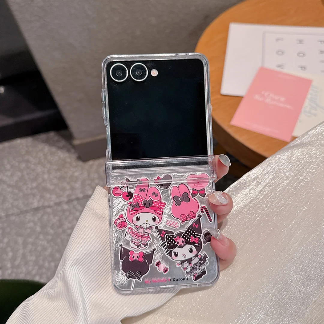 ญี่ปุ่นอะนิเมะHello Kitty Kuromi Melodyเคสโทรศัพท์พับสําหรับSamsung Galaxy Z Flip 5 6 7 FE Feather Texture Dropกรณีทน ﻿