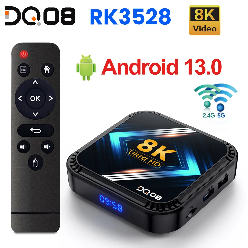 DQ08 RK3528 صندوق التلفزيون الذكي أندرويد 13 رباعي النواة Cortex A53 يدعم 8K فيديو 4K @ 60fps HDR10 + 2.4 & 5G Dual WifiBT4.0 Google Voice