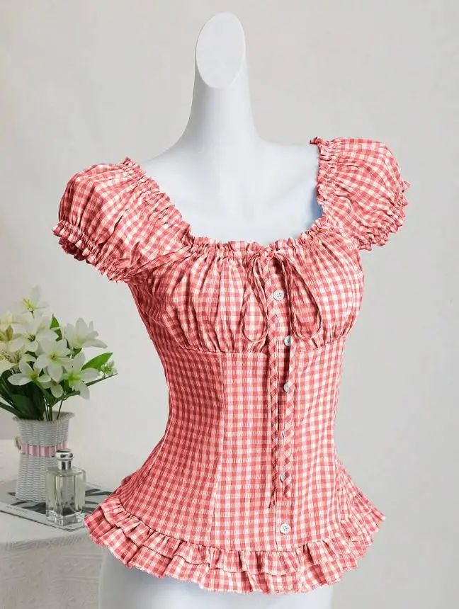 Square-neck puffed sleeve tie bow check mini shirt blue checkered waist-cinching and slimming versatile top for summer Y2K