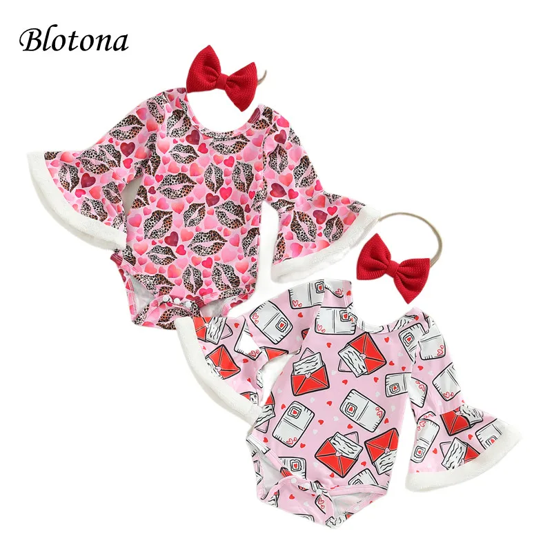 

Blotona Baby Girl Valentine's Day Jumpsuit, Cartoon Lips/Envelope Print Plush Patchwork Flare Long Sleeves Romper + Headband