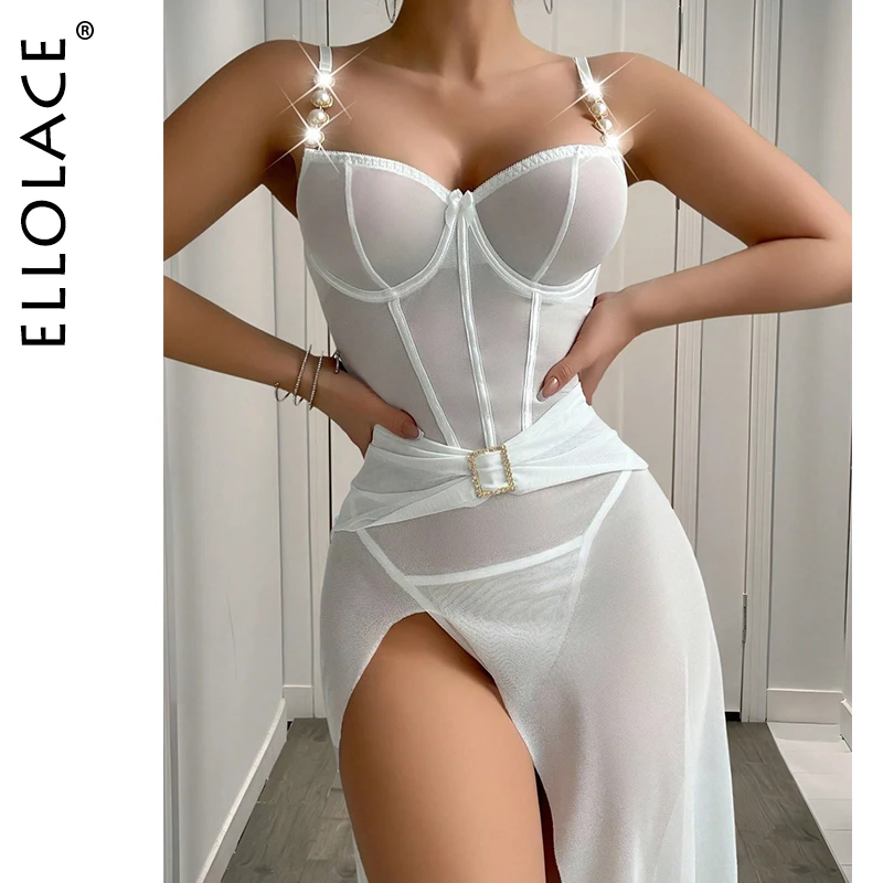 

Ellolace Elegant Party Dresses Exotic Split Long Dress Thong 2PC Willowy Corset Slim Attractive See Through Woman Clothes