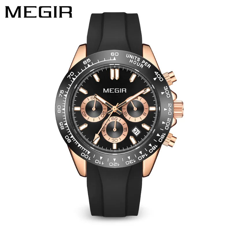 MEGIR 8104 Quartz Watch Fashion Cool Sports Chronograph Luminous Black Gold Silicone Strap Wristwatch for Men Clock Gift ﻿