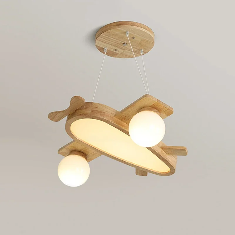 

Solid Wood Airplane Lamps Nordic Children's Room Pendant Light Walnut Color 32W LED Aircraft Hanging Lamp Kids Nursery School