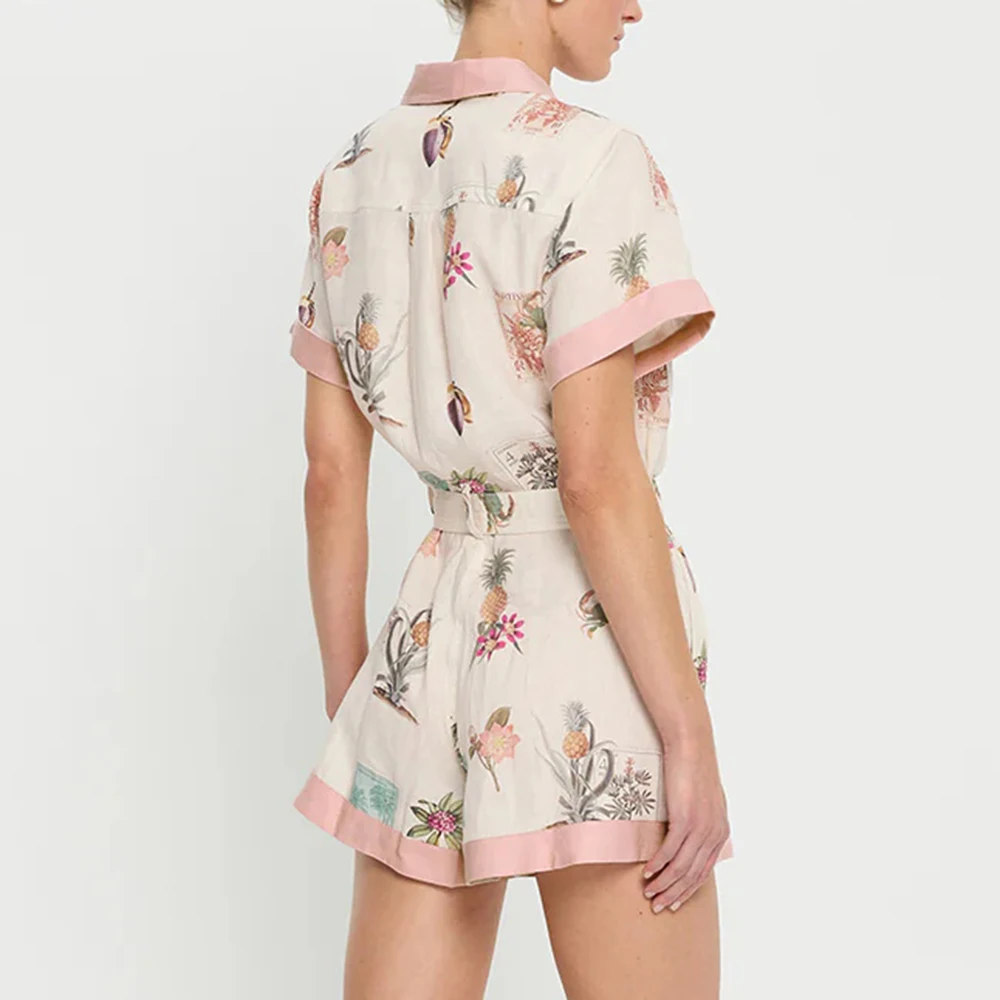 TWOTWINSTYLE Colorblock Spliced Pockets Rompers for Women Lapel Patchwork Single Breasted Printing Jumpsuit Female Clothing New