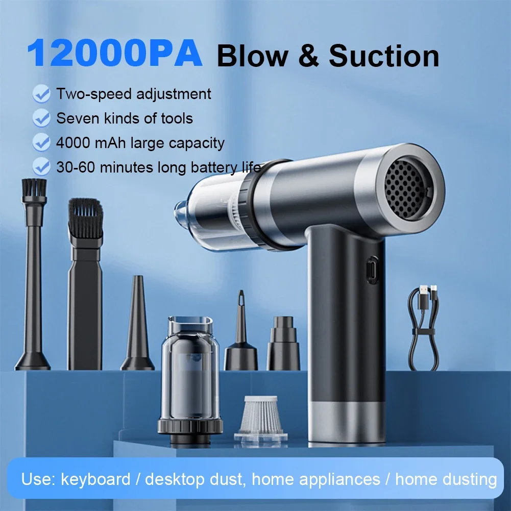 2 In 1 Wireless Handheld Cleaner 12000PA Strong Suction Mini Cleaning Machine Type-C Rechargeable for Car Home Keyboard Cleaning