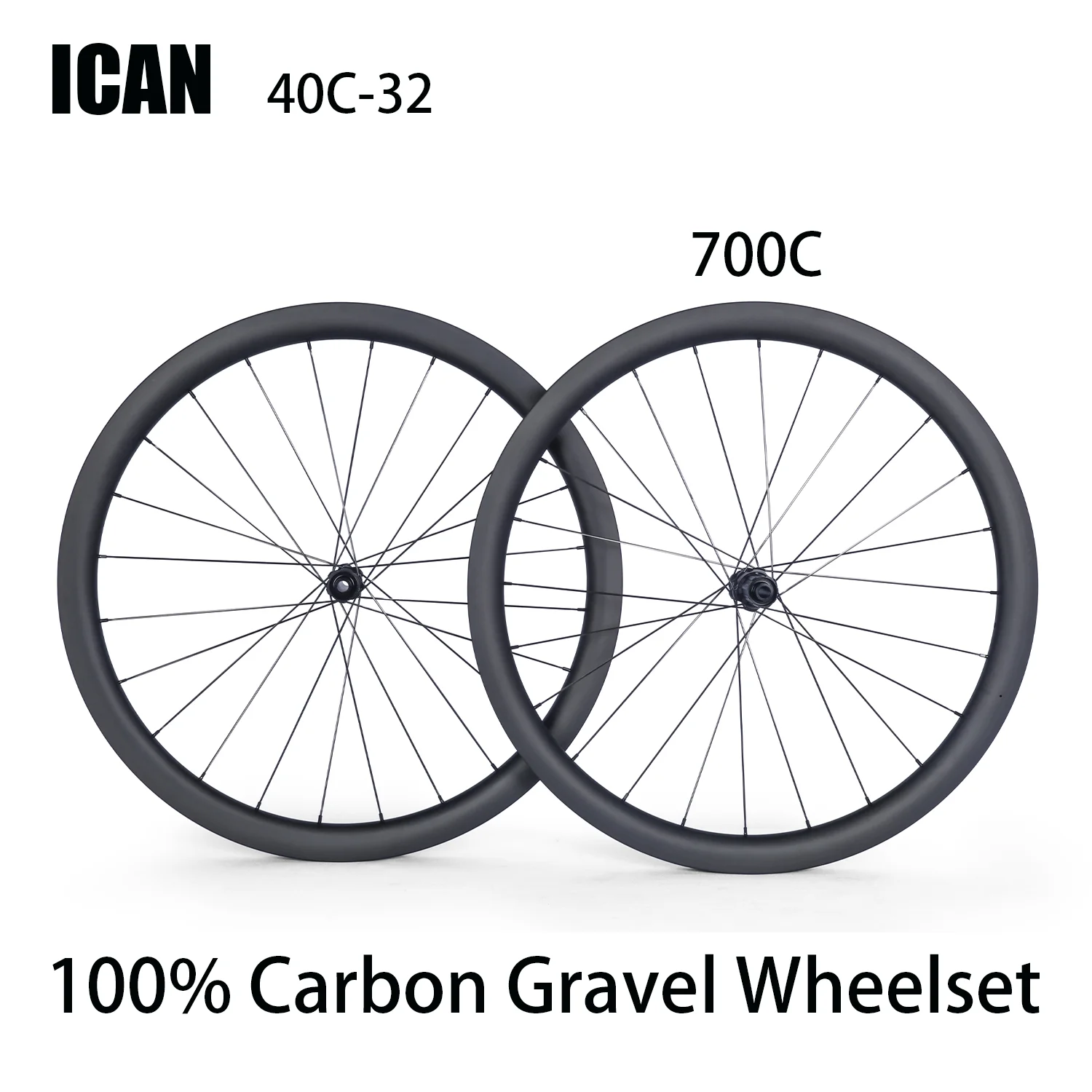 

ICAN Brand 100% Carbon Fiber Toray T700 & T800 Gravel Bike Wheelset 700C 40mm Depth 25mm inner 40C Spokes Sapim CX ray Hub D24
