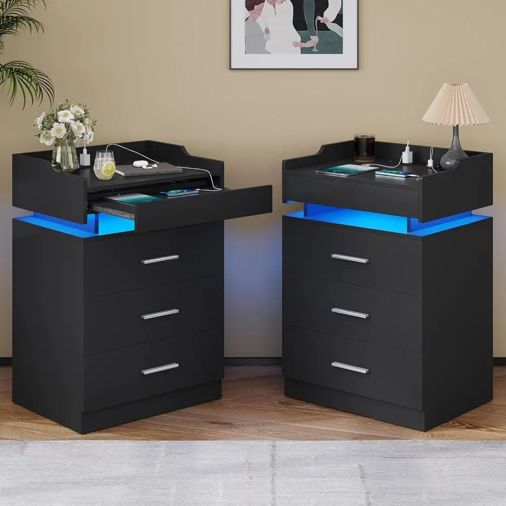 LED Nightstand, Large Night Stand with Charging Station, Bedside Table with Pull-Out Shelf and 3 Drawers, Modern Style