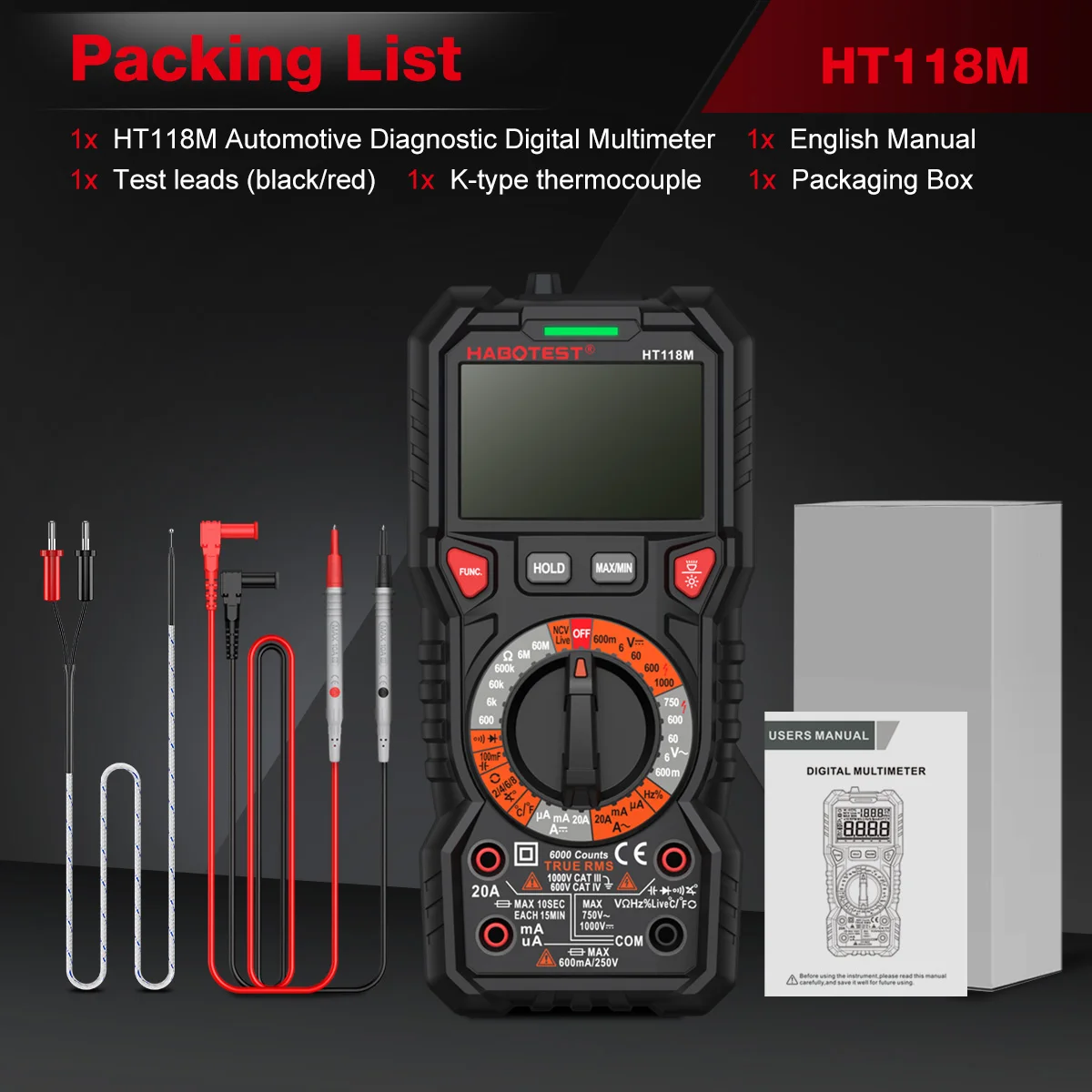 HABOTEST HT118M Digitale Multimeter 6000 Counts AC/DC Spannings- en Stroommeter NCV T-RMS Met Achtergrondverlichting Handmatige Digitale Multimeter