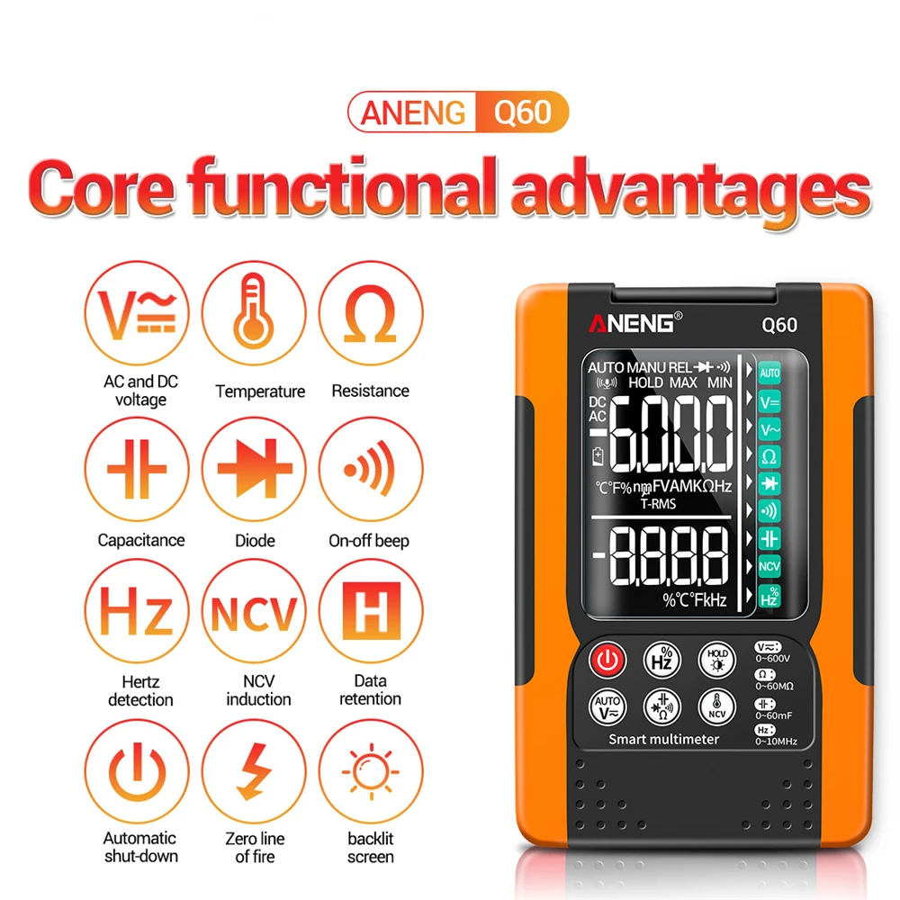 ANENG Q60 Digital Mini Smart Multimeter AI Speech Recognition Transistor Tester True RMS Auto Electrical Capacitance Meter