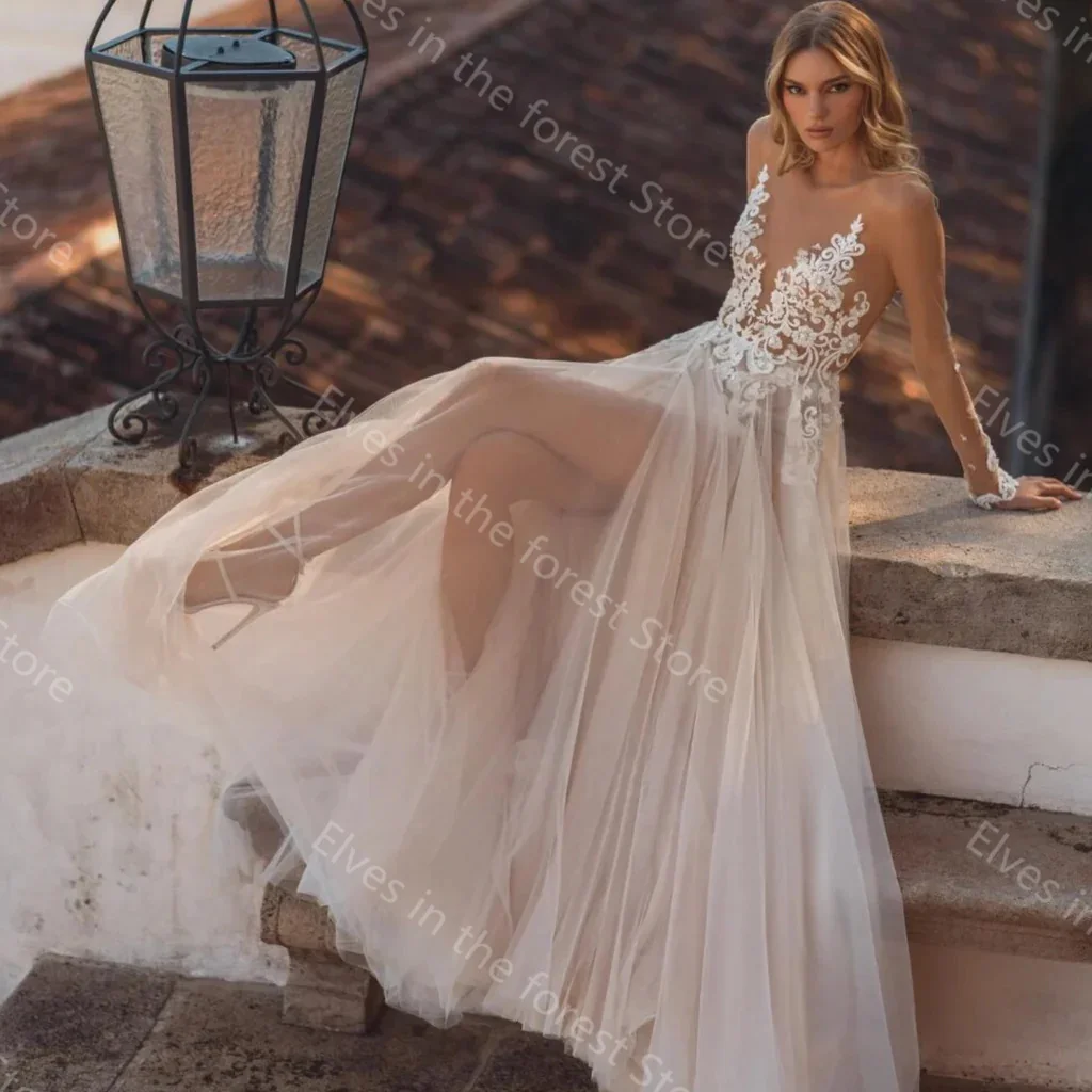 Vestidos De novia De tul Vintage, cuello transparente, Apliques De encaje, cuentas, Vestidos De novia De manga larga sin espalda, Vestidos personalizados De Mariee