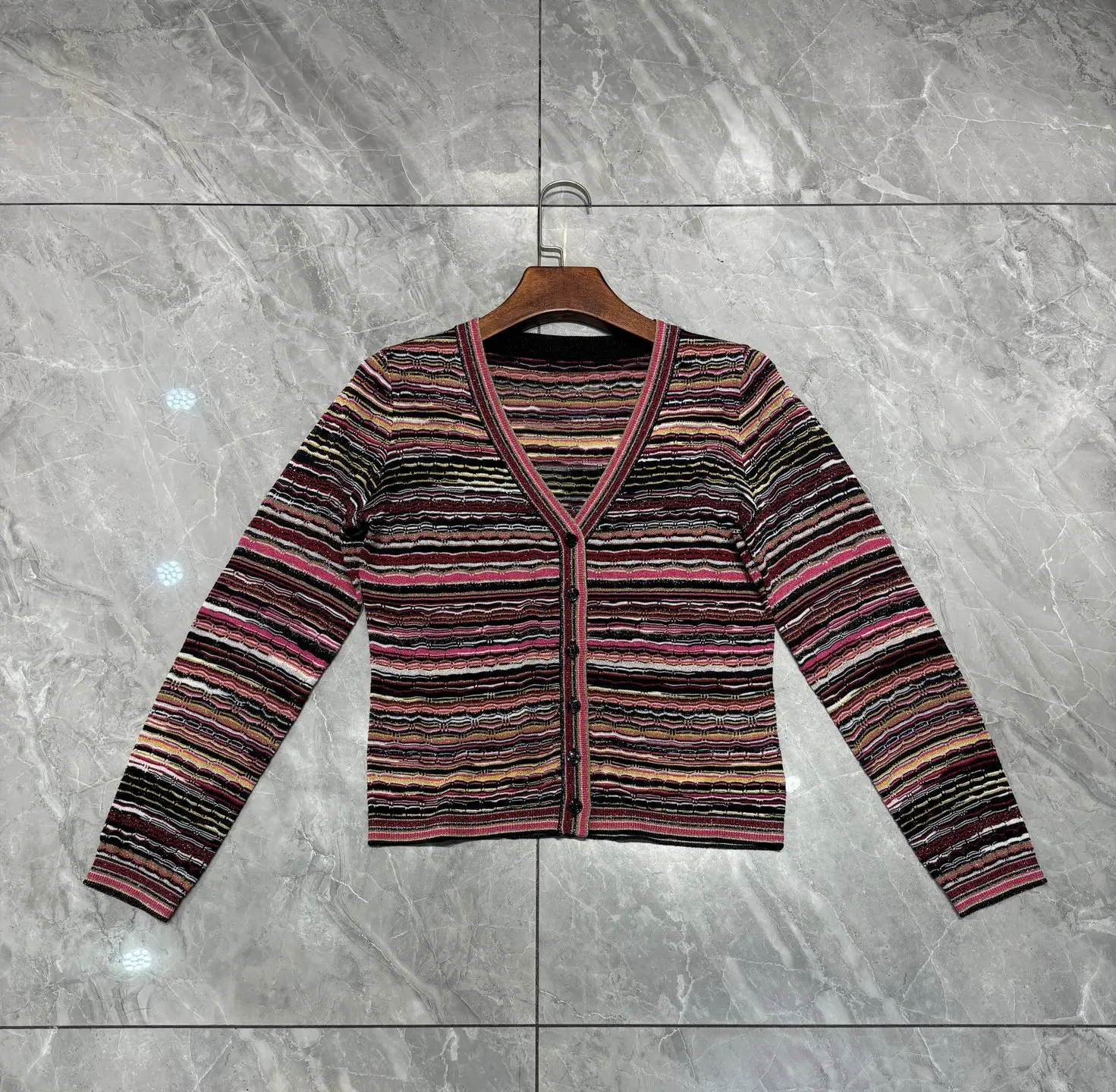 Spring Fashion Daily Vintage Silver Wire Striped Knitting Casual Cardigan Women's V-Neck Long Sleeve Single Breasted Jacket