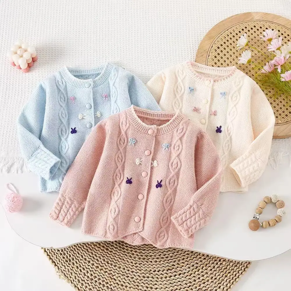 

Girls' Autumn Sweater Cardigan Children's Girl's Hand Embroidery Fried Dough Twists Small Flowers Foreign style Knitted Sweater