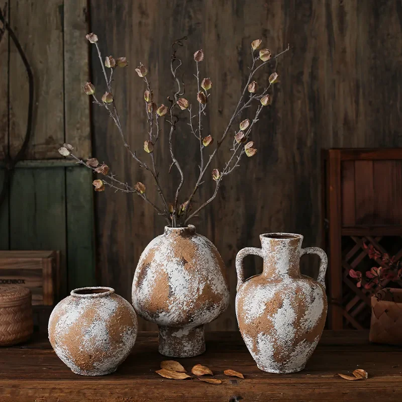 Wabi Sansan Retro Coarse Pottery Vase High End Zen Dried Flower Hydroponic Pot for Living Room Tea Room B&B Medieval Decor