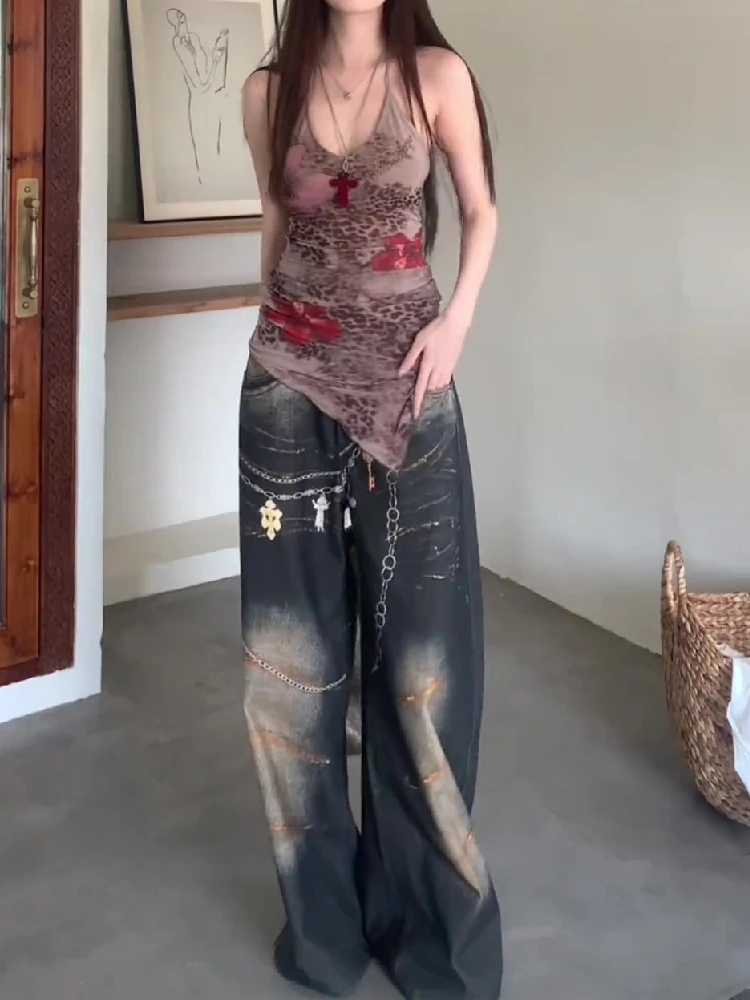 Lato Kobiety Japoński Y2k Halter Top 2000s Estetyczny wzór Leopard Print Camisole Harajuku Trendy Grunge Koreański Gyaru Coquette