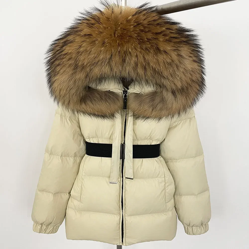 Chaqueta acolchada corta para mujer, abrigo de plumón de pato 20224, Parkas de plumas para mujer, chaqueta con capucha de piel auténtica de mapache enorme impermeable 90%