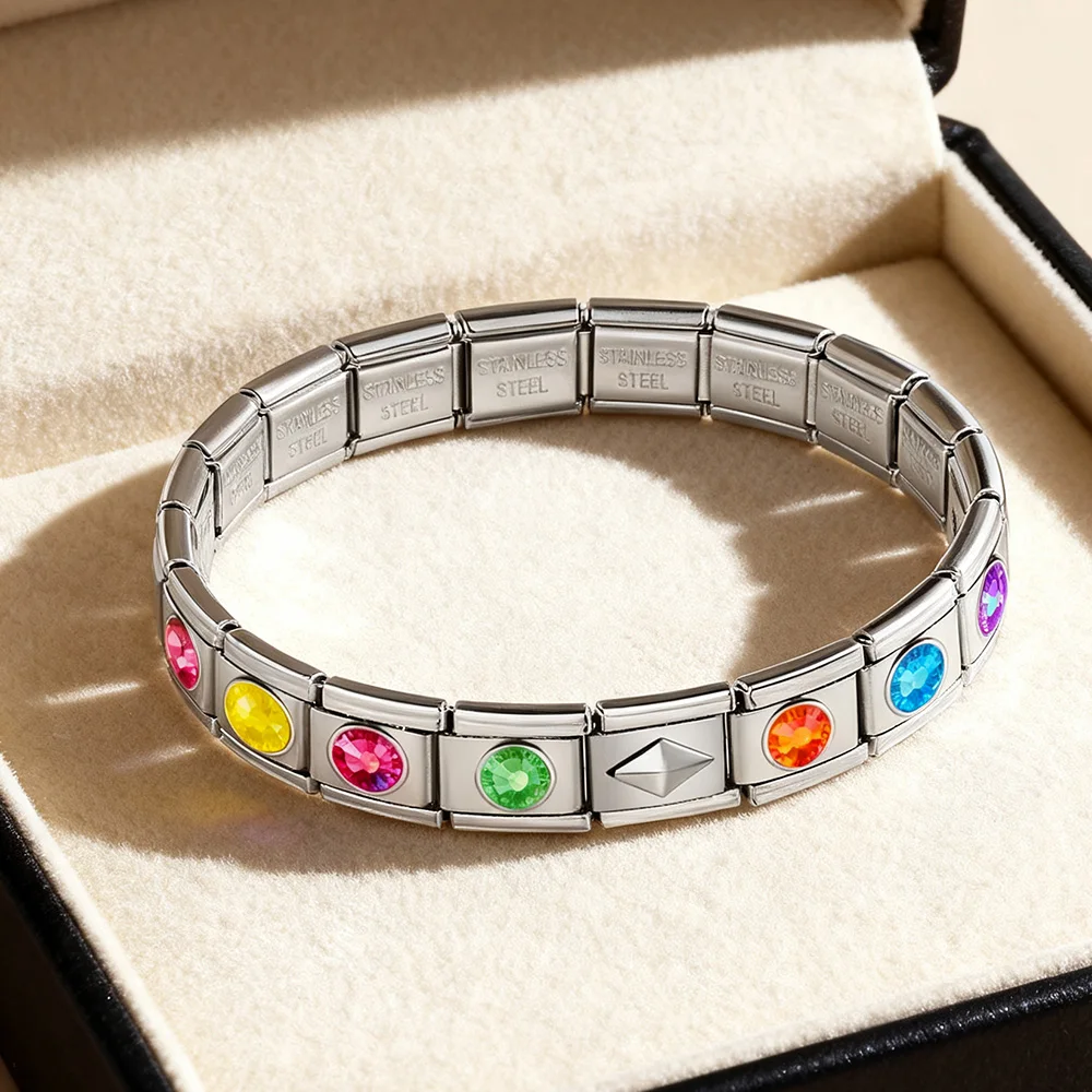 Modische Bunte Fluoreszierende Stein-Charm-Handkette, Italienische Gliederkette, Passend für 9mm, Schmuckherstellung DIY, Edelstahl-Armband für Damen und Herren – Detail 2