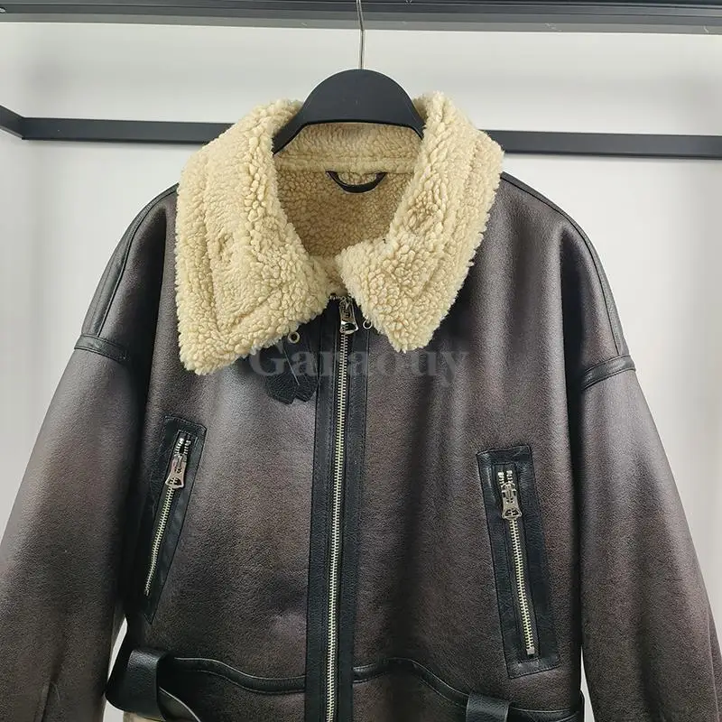 Garaouy 2023 Winter Women Faux Leather Lambswool Motorcycle Jacket Lapel Short Double Sided Coat Female Thickened Warm Outwear