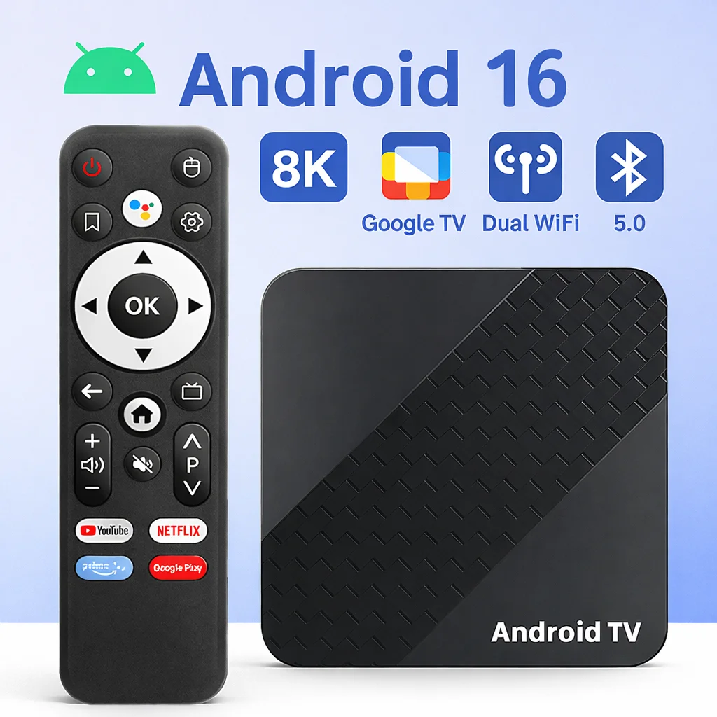 

Android16.0 Smart TV Box Rockchip RK3518 2.4G/5.8G Dual-WiFi 6 Voice Control BT5.4 Google Assistant Youtube Netflix Media Player