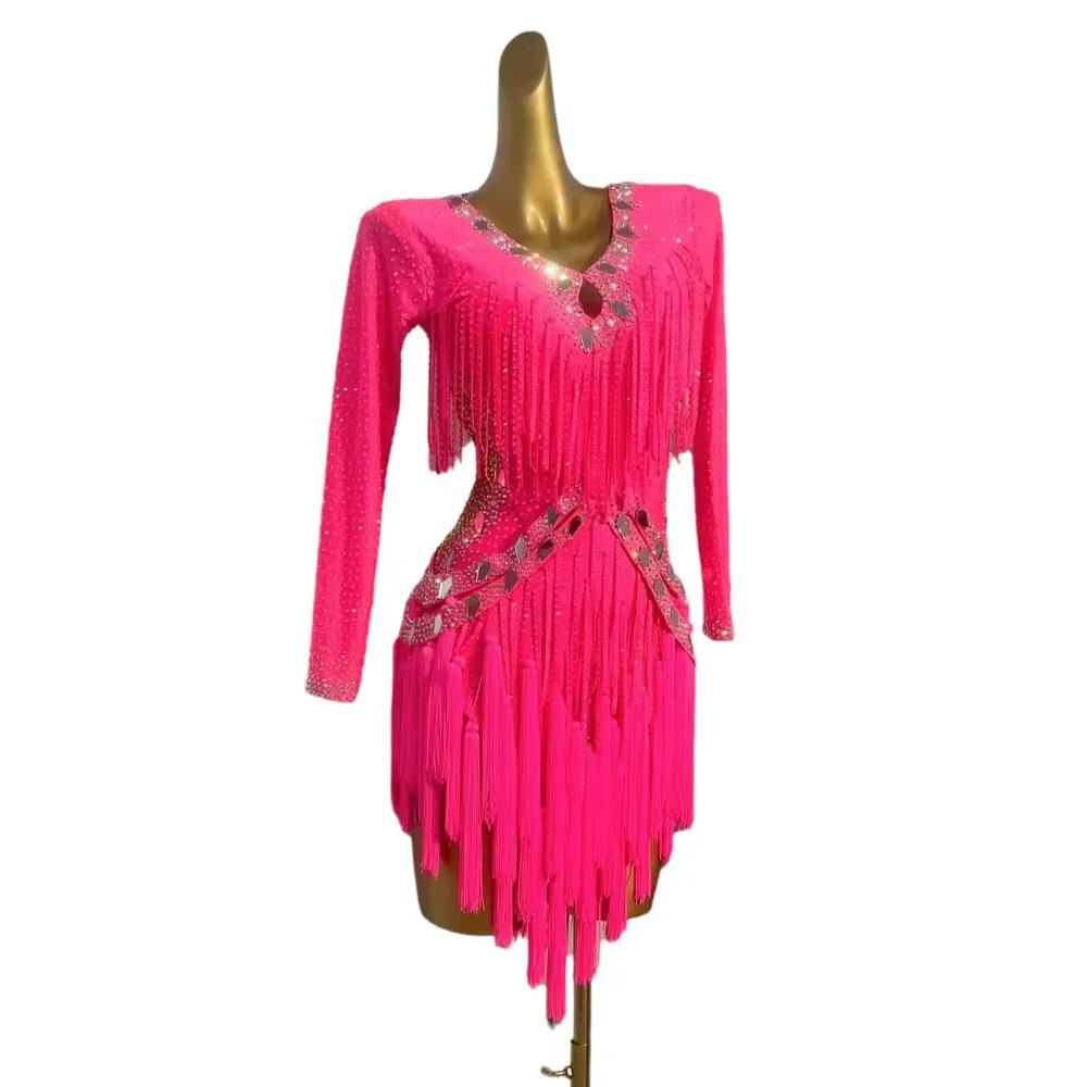 Latin Dance Competition Women's High-end Customized Rose Red Diamond Stripe Tassel Dress Tango Samba Rhinestone Dress