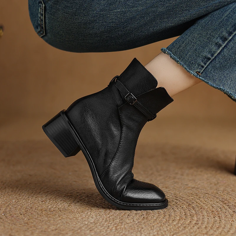 Stivali da donna invernali scarpe in vera pelle per donna scarpe con tacco grosso con punta quadrata stivali Chelsea con cerniera scarpe Casual nere