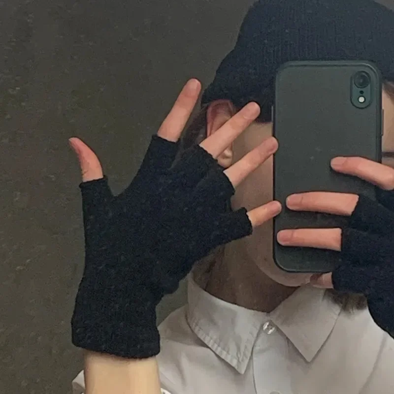 1Pair Black Unisex Half Finger Gloves Fingerless Women Men Wool Knitting Wrist Cotton Gothic Gloves Winter Warm Workout Gloves