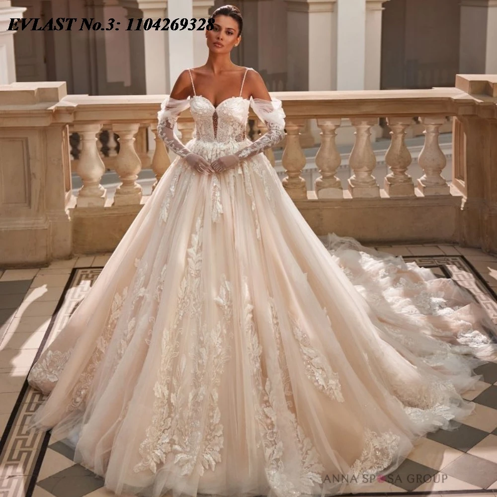 

EVLAST Customized Vintage A Line Wedding Dress Floral Applique Crystal Beaded Long Sleeve Bridal Gown Vestidos De Novia E3WA35