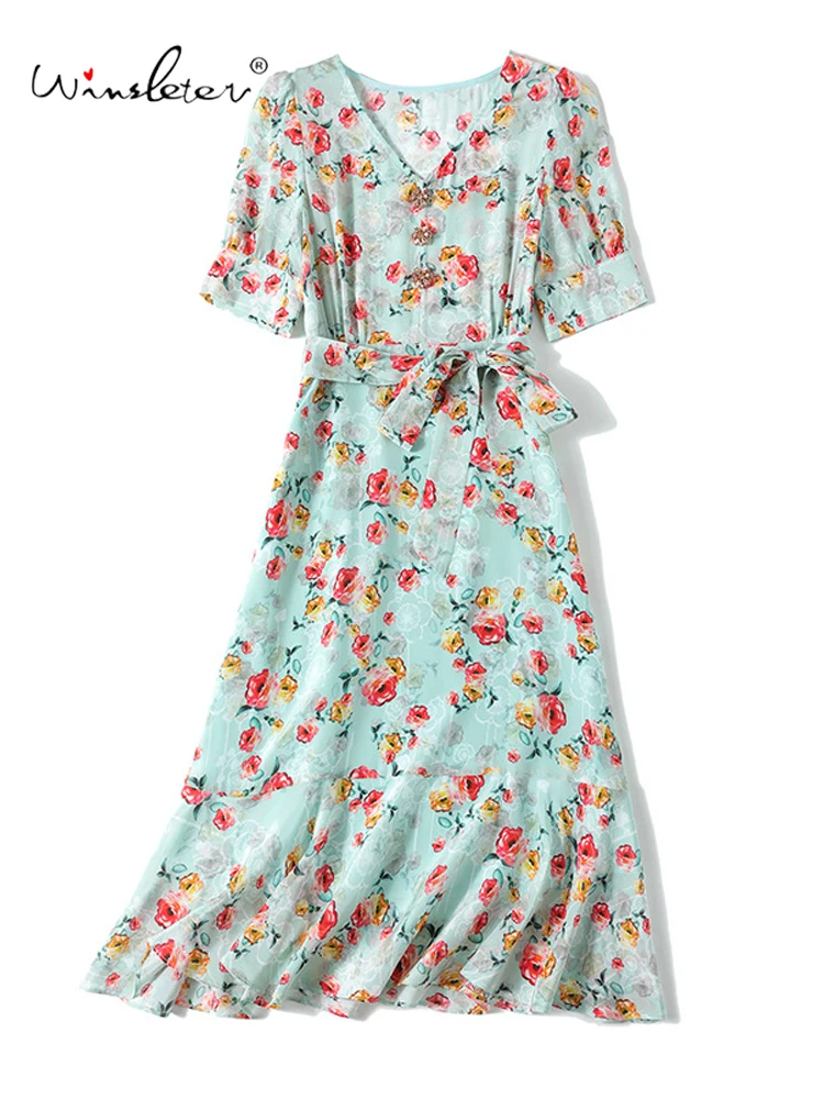 

Winsleter-Women 100%Real Silk Elegant Dress, V Neck Puff Sleeve Print, French Beach Vacation Dresses, 2025 Summer New D57814CC