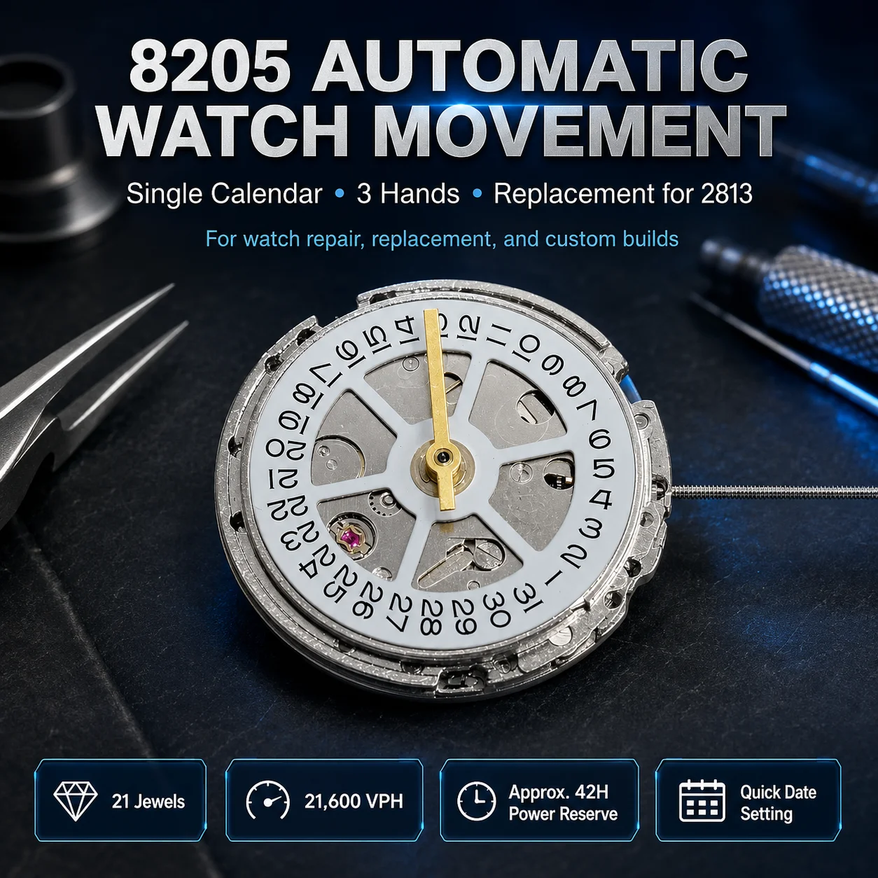 Metal 3 Stitches 8205 Watch Movement Automatic Machinery Single Calendar Fit 2813 Replace Repair Part