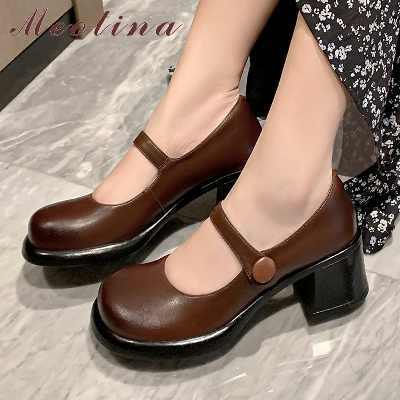 

Meotina Women Genuine Leather Mary Janes Round Toe Thick High Heels Shallow Pumps Ladies Fashion Shoes Spring Summer Brown