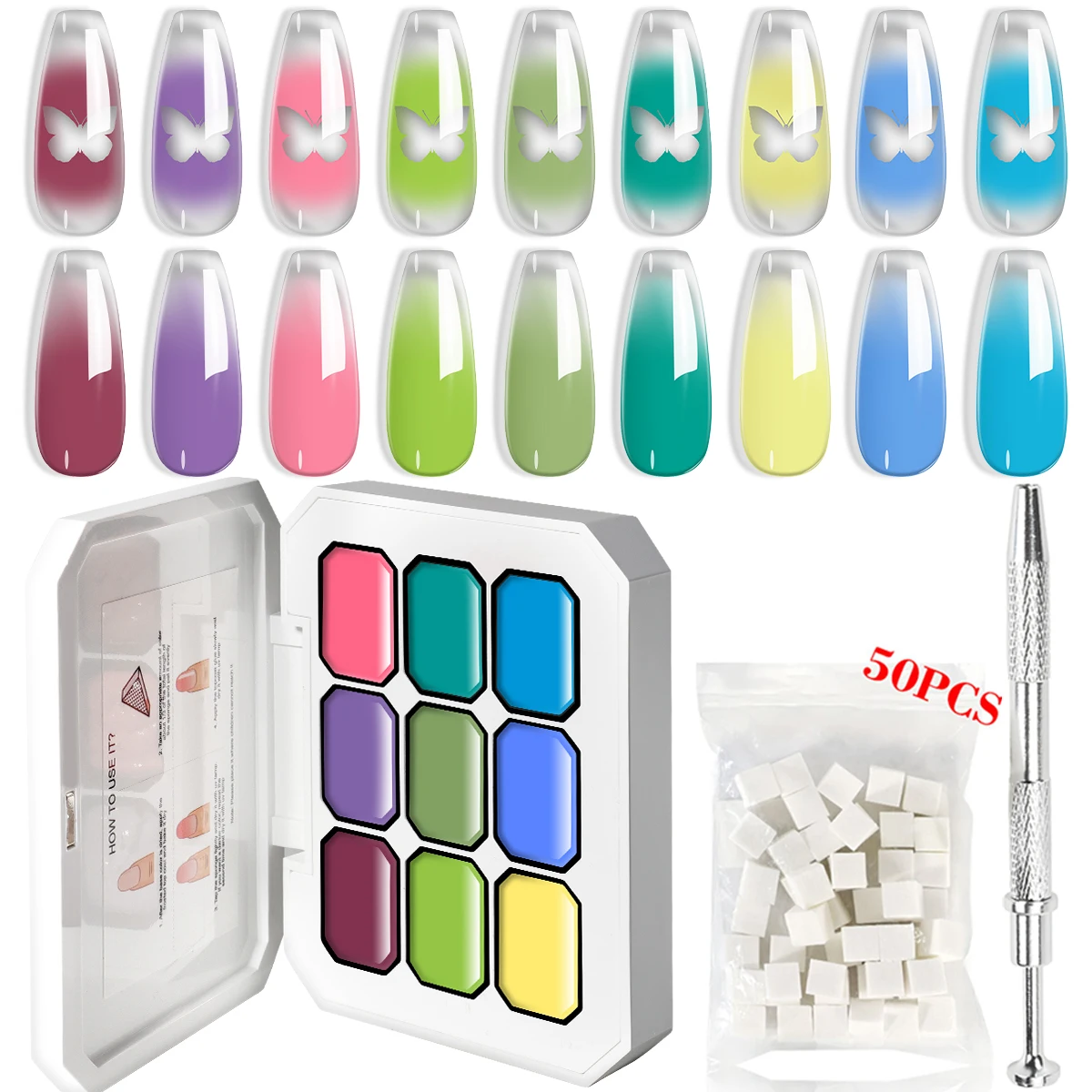 

LIMEGIRL 7IN1 Gradient Painting Gel Kit 9 Grid Gradient Color Quick Curing Gel with 50pcs Sponge Nails Art DIY Color Gel Set