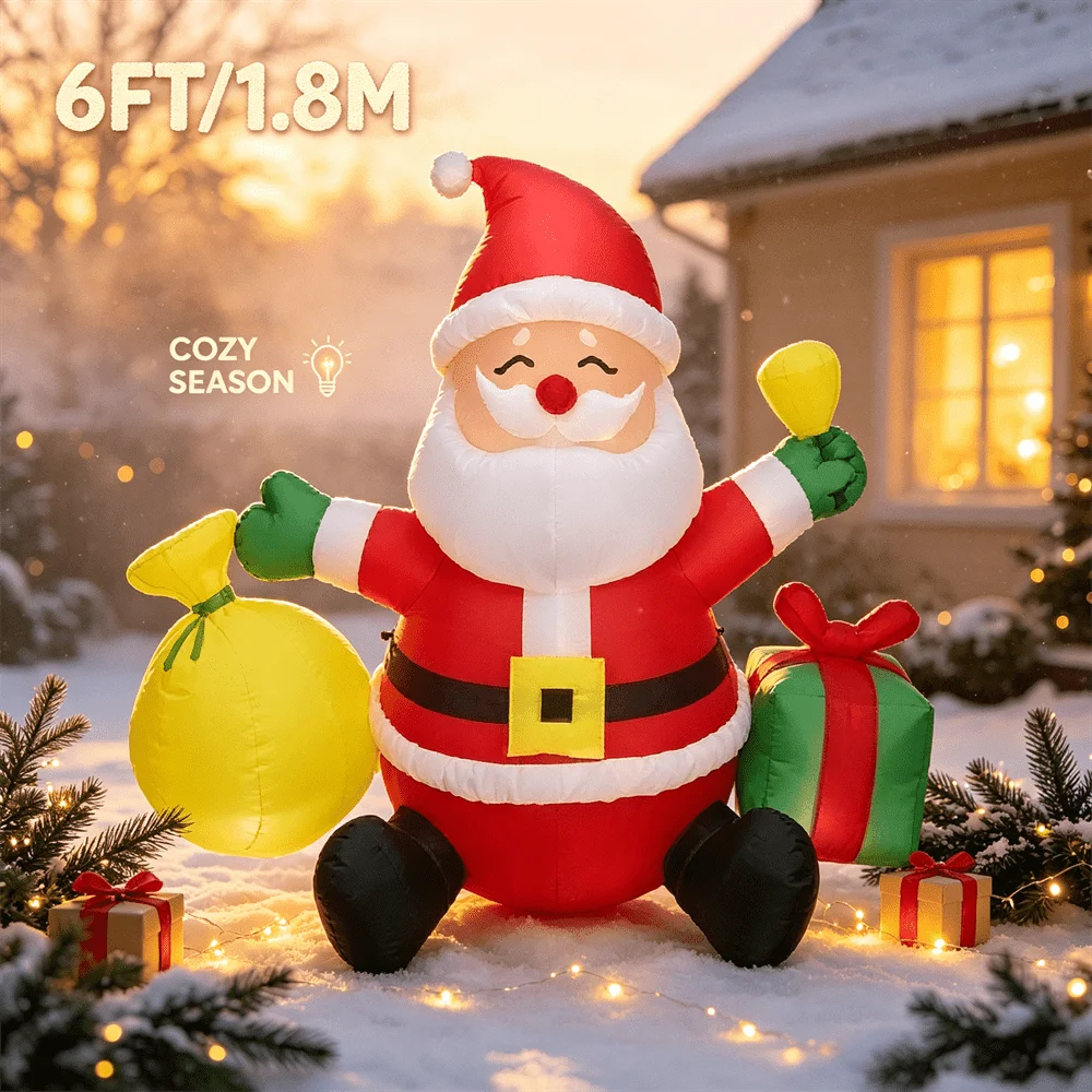 6FT Sitting Santa with Gift Sack Inflatable Modle Toy with LED Light Blow Up Outdoor Indoor Christmas Courtyard Decor