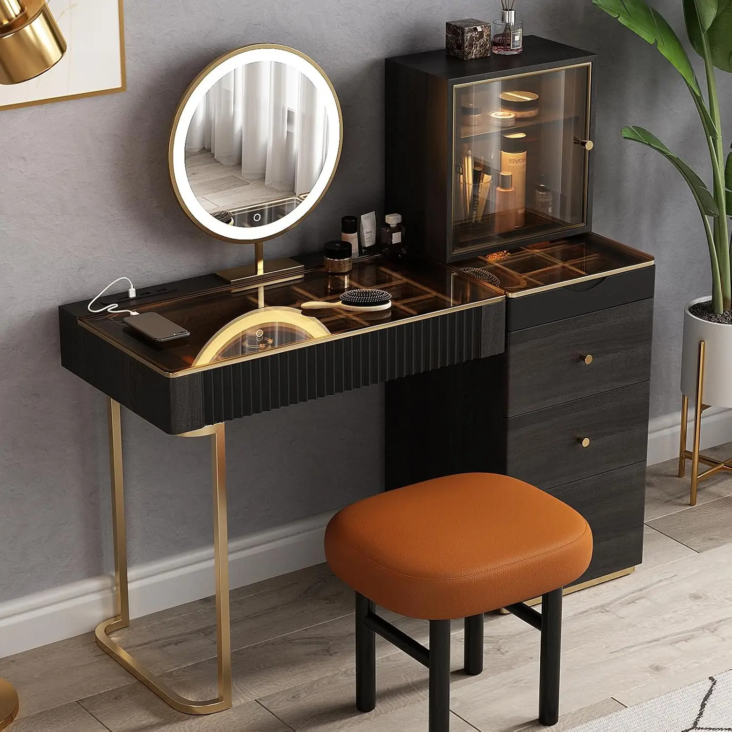 Solid Wood Makeup Vanity Table Dresser Set with LED Mirror Sensor Light USB Socket Stool Storage Easy Assembly, Customized