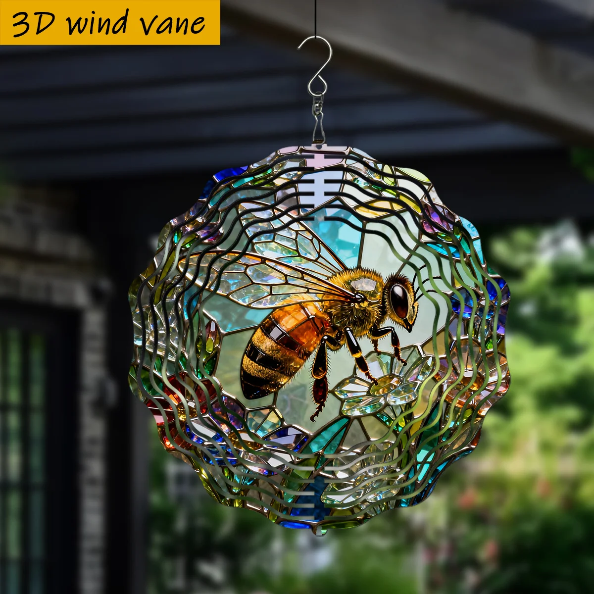 3D Stained Glass Bee Flower Wind Spinner - 10 Inch Metal Art with 360 Swivel Hook for Christmas Halloween Garden Gift